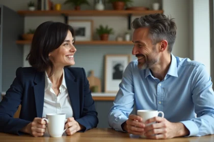 Femme et homme souriants autour d'un café dans un appartement parisien