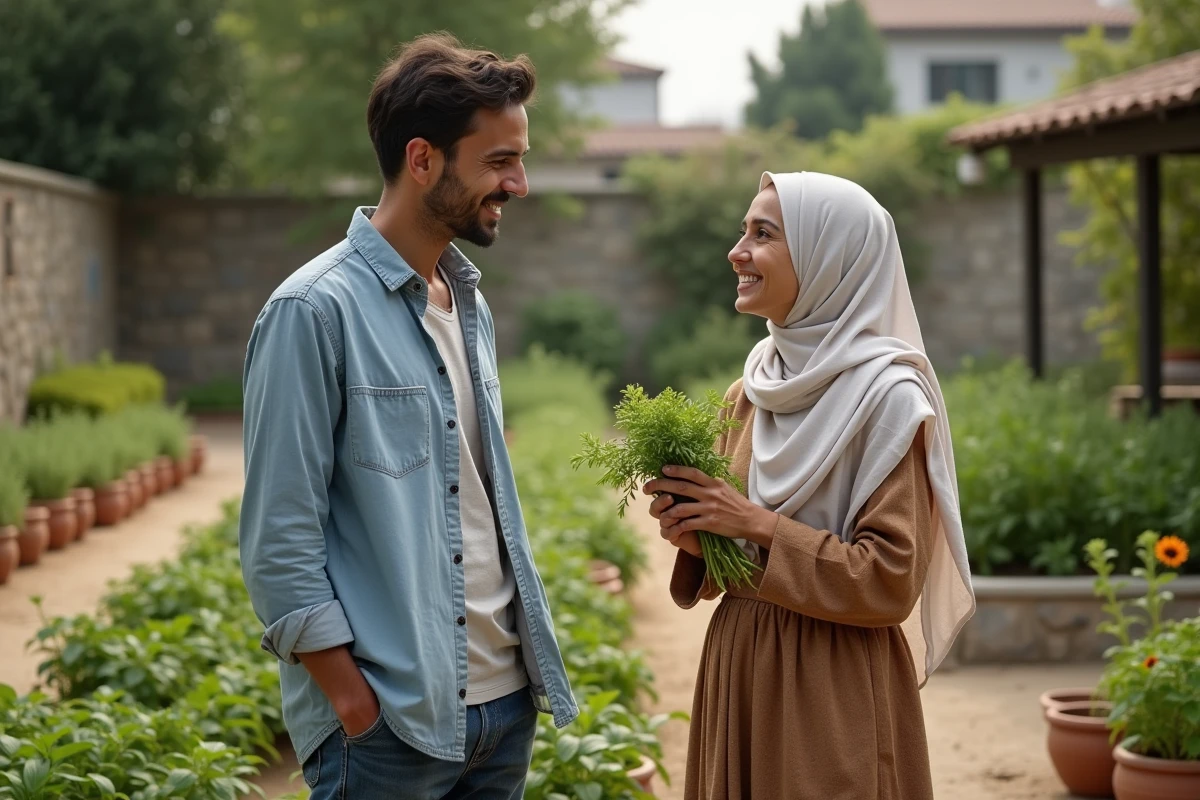Fils et mère algérienne dans un jardin partageant des herbes fraîches