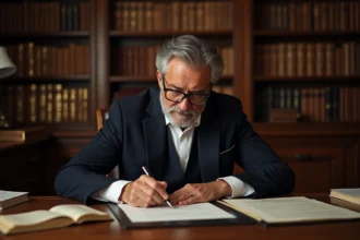 Notaire âgé en costume sombre examinant un testament manuscrit dans son étude traditionnelle avec des étagères de livres juridiques