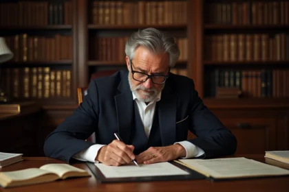 Notaire âgé en costume sombre examinant un testament manuscrit dans son étude traditionnelle avec des étagères de livres juridiques