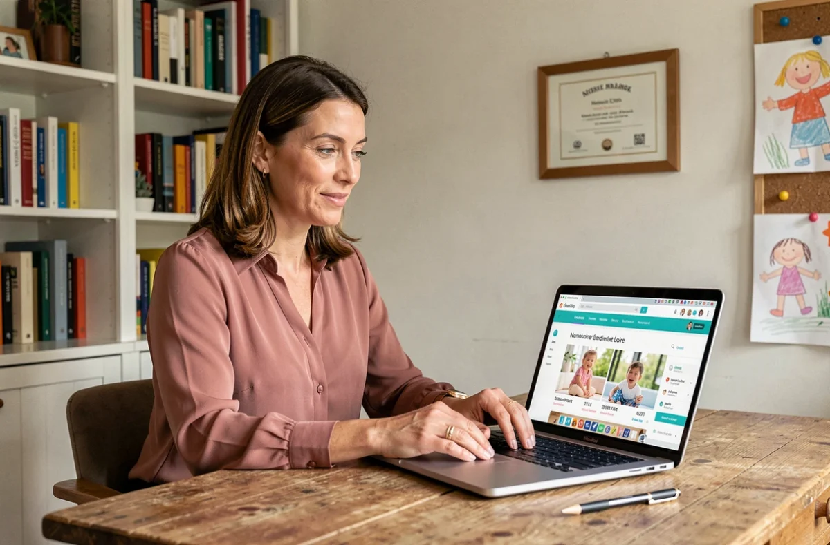 Assistante maternelle référencée sur Nounou-Top en Indre-et-Loire consultant son profil professionnel sur un ordinateur portable à domicile