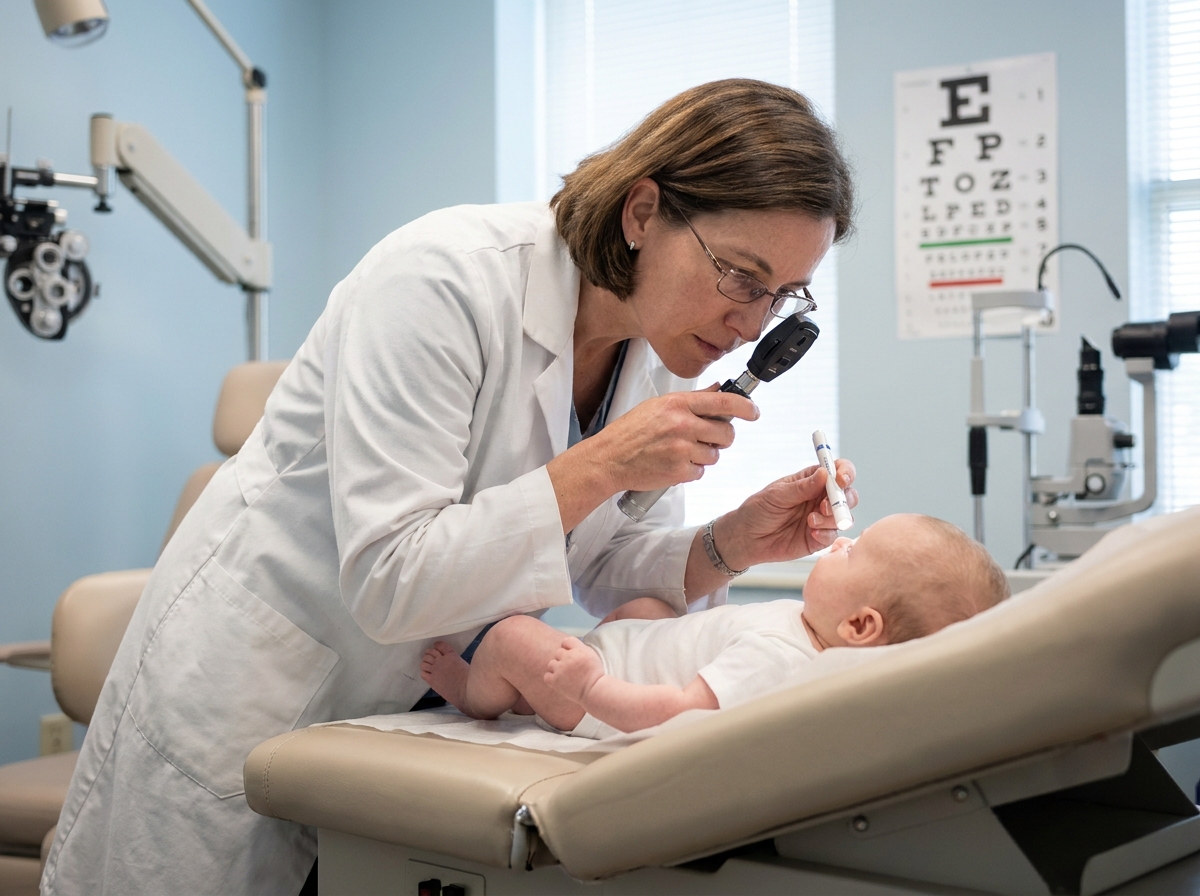 Ophtalmologiste pédiatrique examinant les yeux d'un nourrisson pour diagnostiquer un strabisme