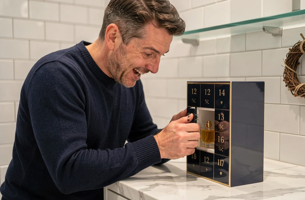 Homme ouvrant une porte d'un calendrier de l'Avent beauté haut de gamme posé sur un comptoir en marbre