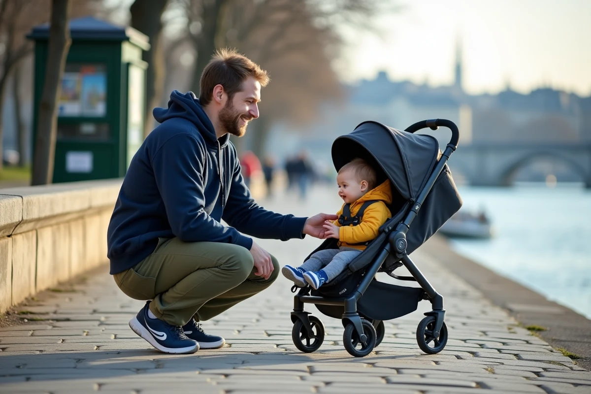 Papa avec bébé en poussette tout-terrain sur les quais de Seine à Paris