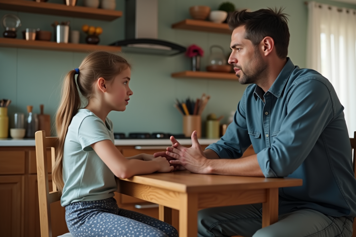 Père discutant calmement avec sa fille à la table
