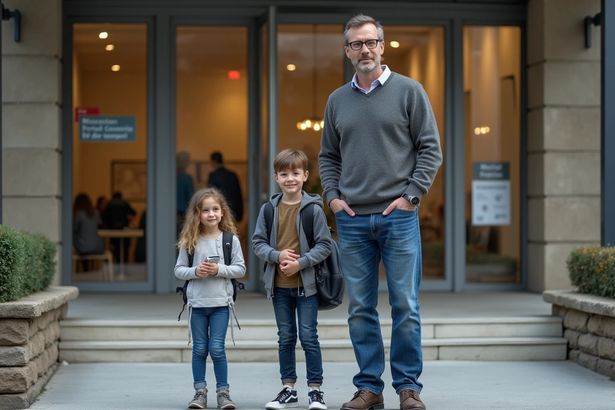 Père avec ses enfants devant le bâtiment municipal de Meudon
