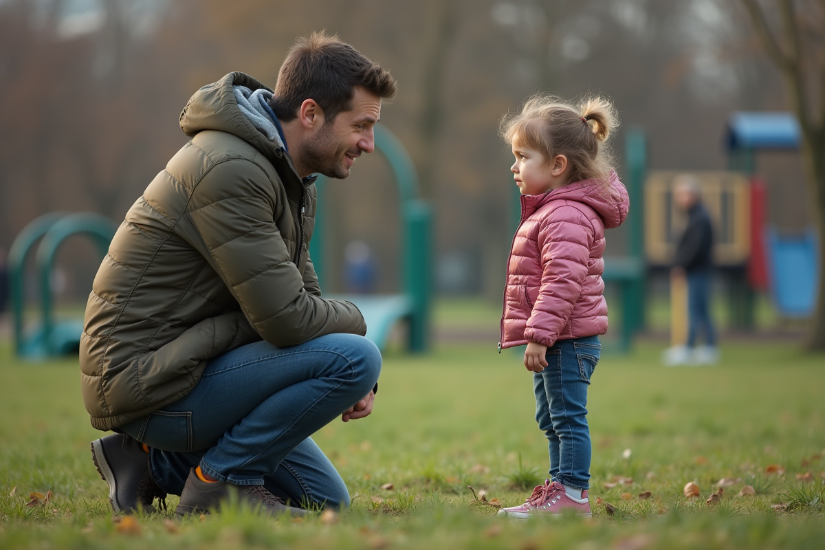 Père parlant calmement avec sa fille dans un parc urbain