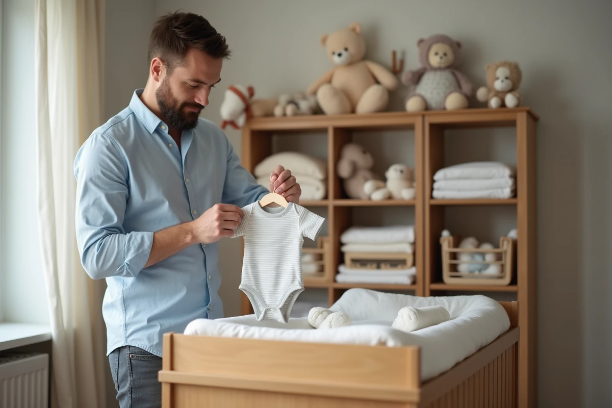 Père accrochant des vêtements de bébé dans la nursery