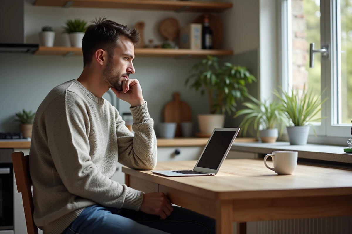Pere pensif regardant par la fenetre dans la cuisine