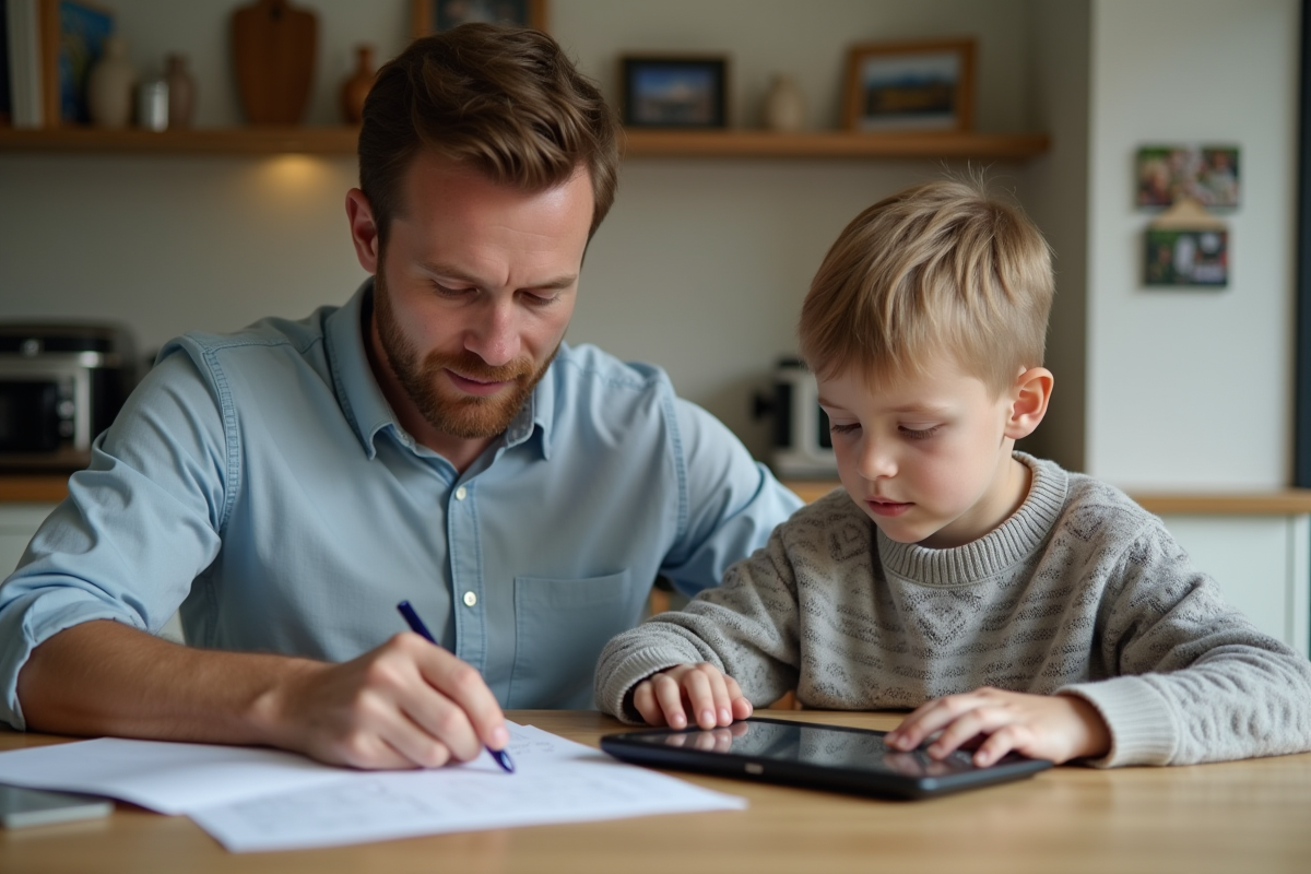 Parent aidant un enfant à faire ses devoirs à la maison