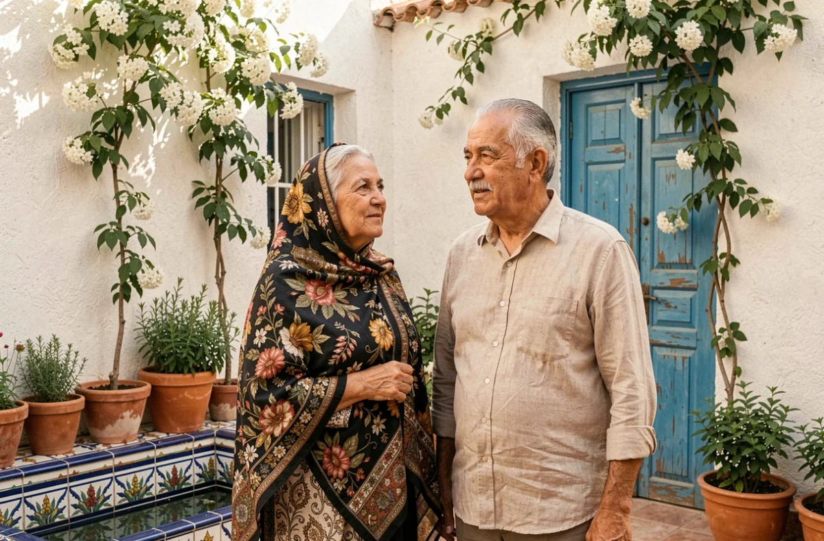 Couple algérien d'âge mûr dans une cour intérieure traditionnelle, symbolisant les parents et les origines familiales maghrébines