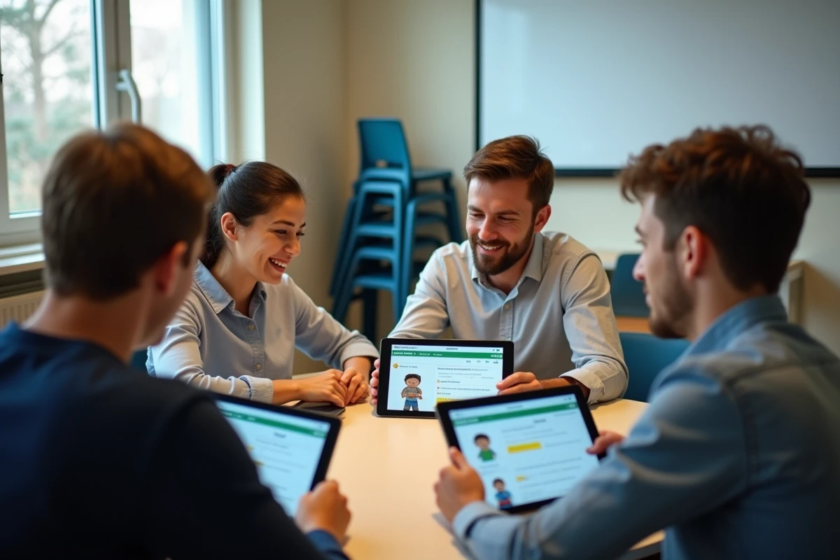 Parents consultant Educartable sur tablette et smartphone lors d'une réunion scolaire