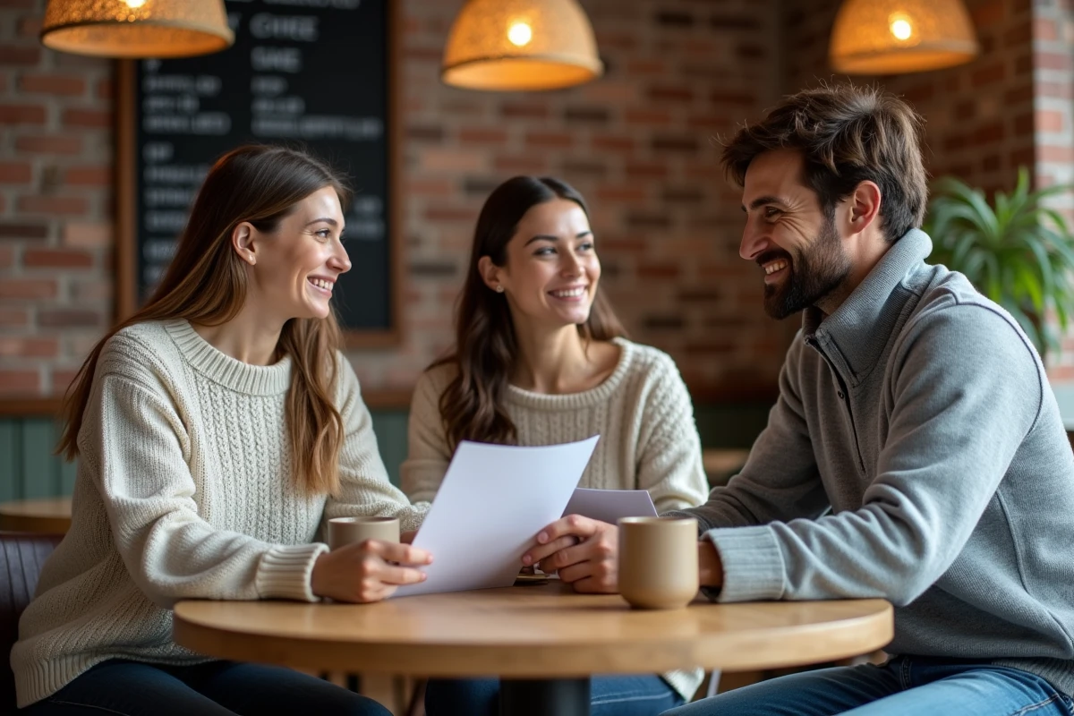 Groupe de parents échangeant des avis et bonnes pratiques sur les mesevnies autour d'une table dans un café communautaire
