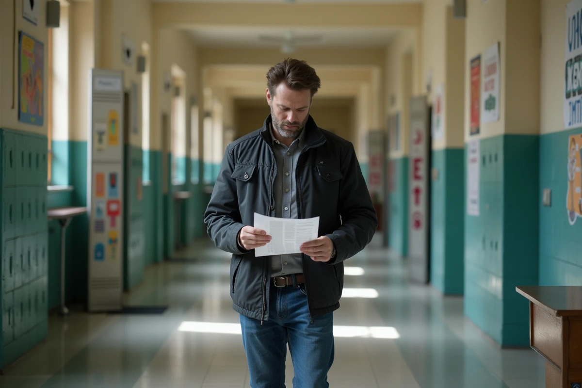 Père lisant un document d'orientation scolaire dans un couloir d'école avec une expression préoccupée