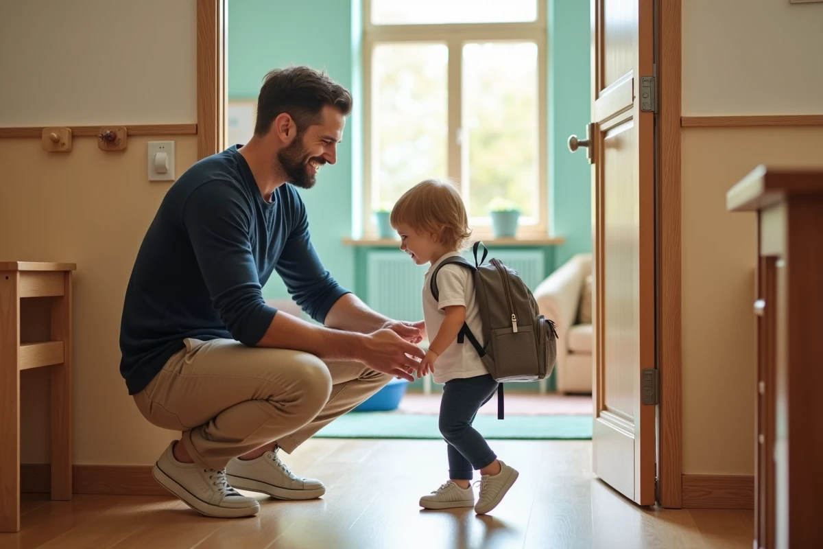 Père accompagnant son enfant à l'entrée d'une mesevnie, moment de séparation serein et bienveillant