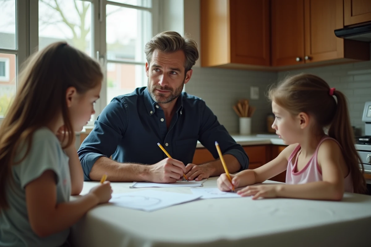 Père passant du temps de qualité avec ses deux filles autour d'activités créatives, dans un contexte de famille recomposée