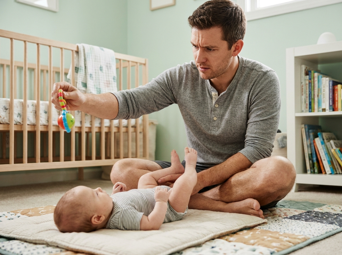 Père jouant avec son nourrisson et observant ses yeux pour repérer un strabisme à domicile