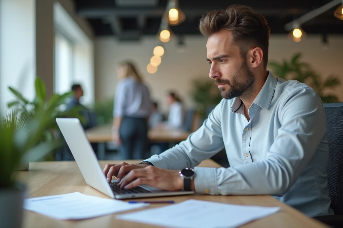 Père rédigeant un avis sur une plateforme d'évaluation scolaire depuis son bureau