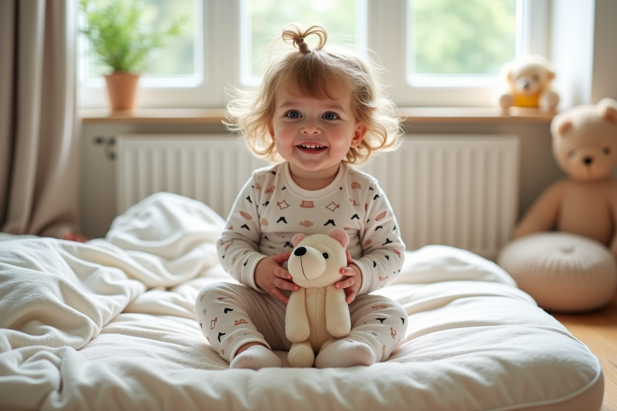 Petite fille de 18 mois souriante assise sur un matelas avec jouet