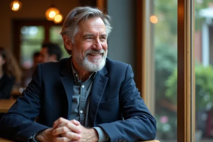 Philippe Gougler souriant dans un café cosy en portrait