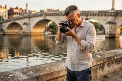 Photographe bordelais professionnel devant le Pont de Pierre à Bordeaux avec son appareil photo