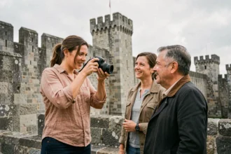 Photographe professionnelle discutant avec ses clients devant les remparts médiévaux de Carcassonne