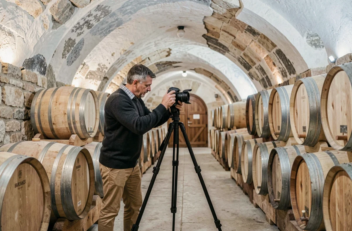 Photographe installant son trépied dans une cave à champagne historique d'Épernay