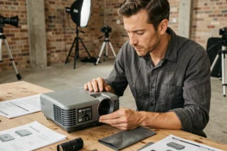 Photographe examinant un projecteur compact sur un établi en bois dans un studio aménagé, entouré de fiches techniques