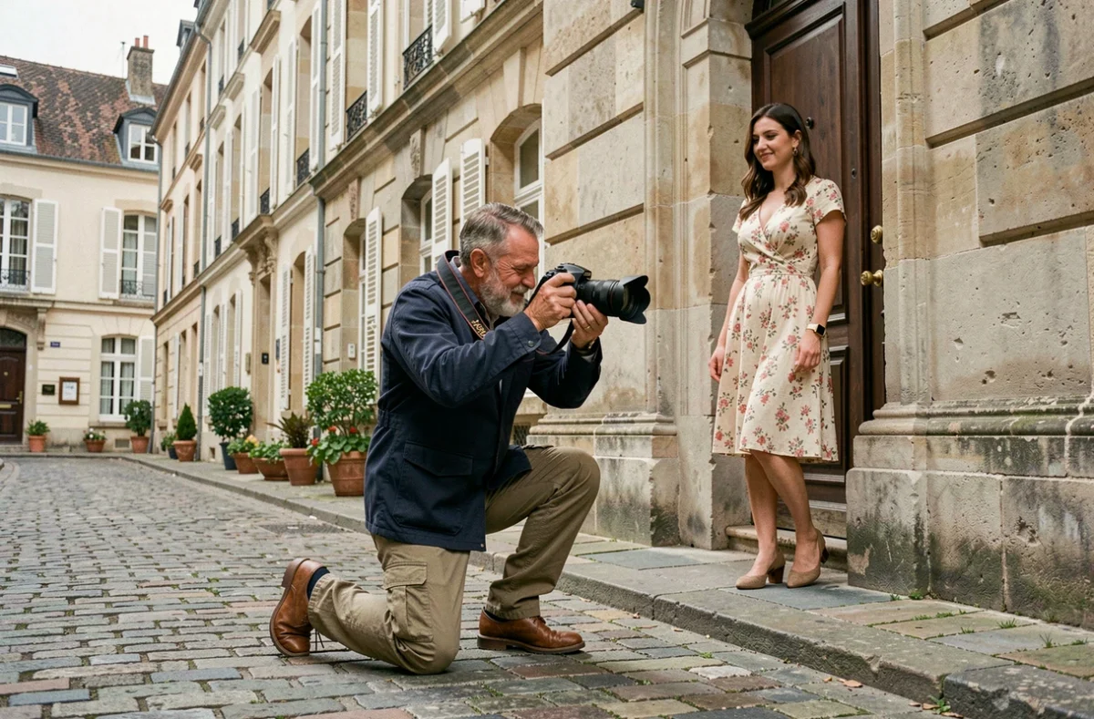 Photographe professionnel au travail dans les rues historiques de Rochefort lors d'une séance photo en plein air