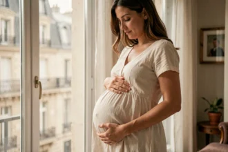Photographe grossesse à Reims : portrait d'une femme enceinte en robe ivoire près d'une fenêtre