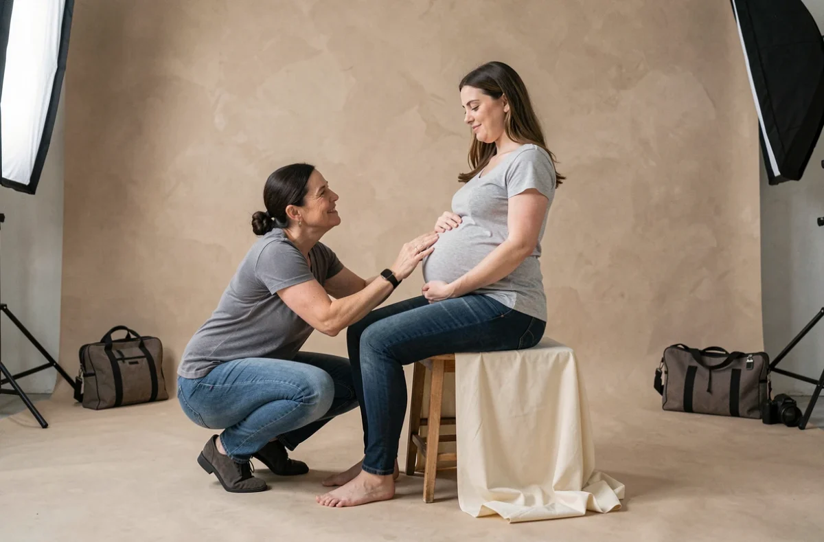 Photographe grossesse à Reims en studio : séance de pose avec une femme enceinte