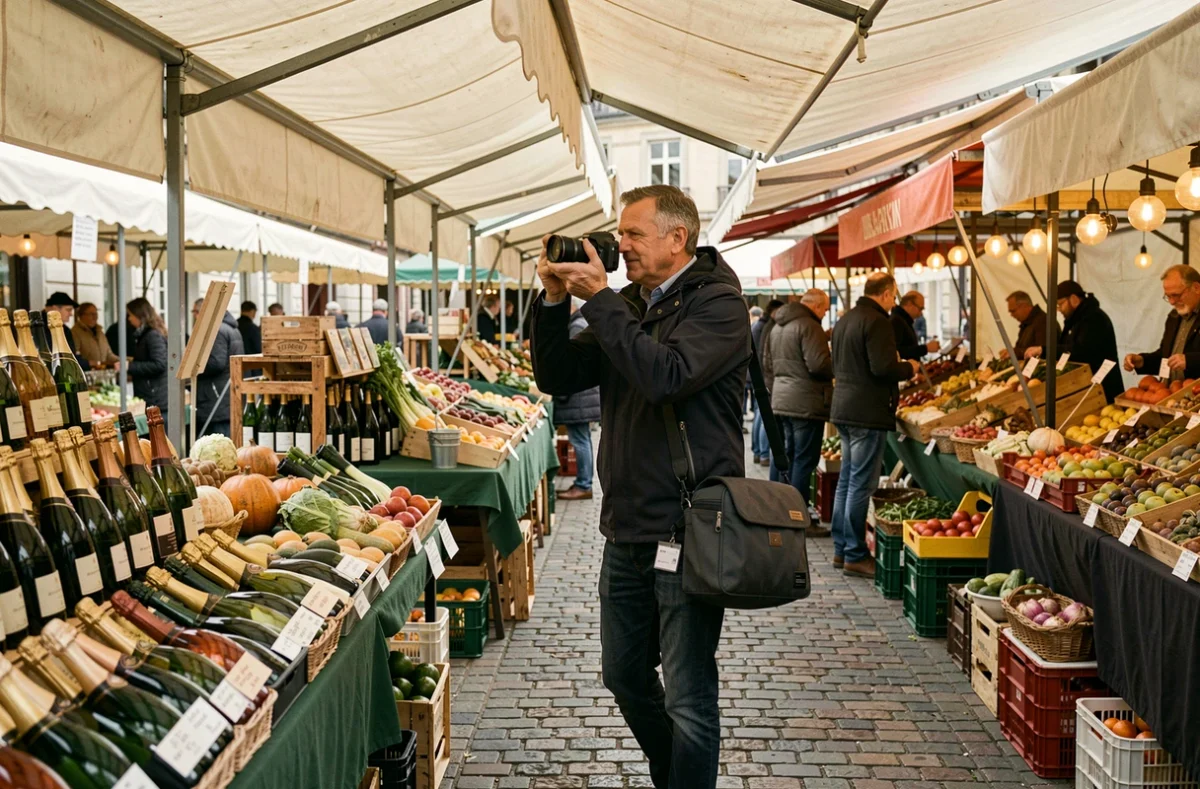 Photographe capturant des scènes authentiques au marché d'Épernay avec son appareil professionnel