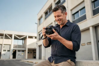 Photographe professionnel consultant sa caméra devant une façade urbaine à Vitrolles