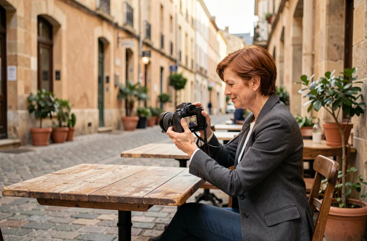 Photographe professionnelle à Bordeaux révisant ses clichés dans un café du quartier Saint-Pierre