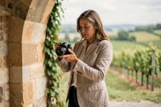 Photographe professionnelle consultant ses photos près d'un vignoble à Épernay