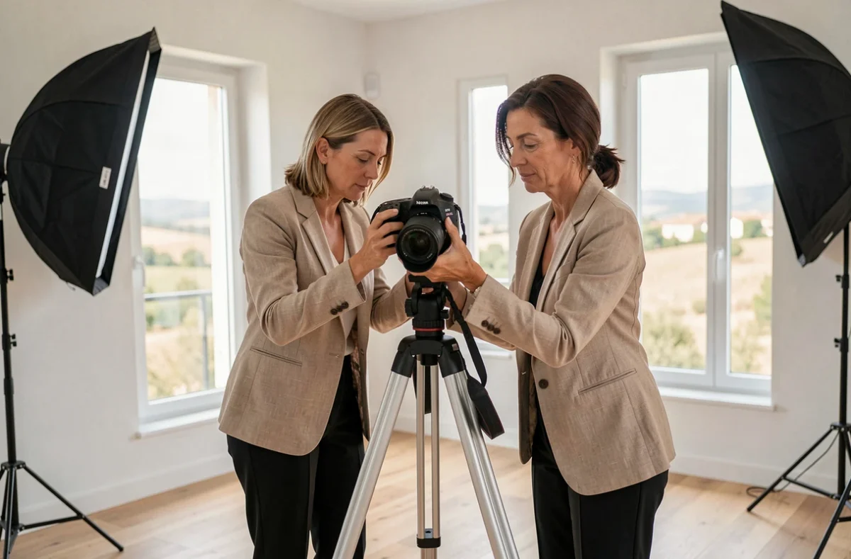 Photographe féminine installant son équipement dans un studio moderne en Provence