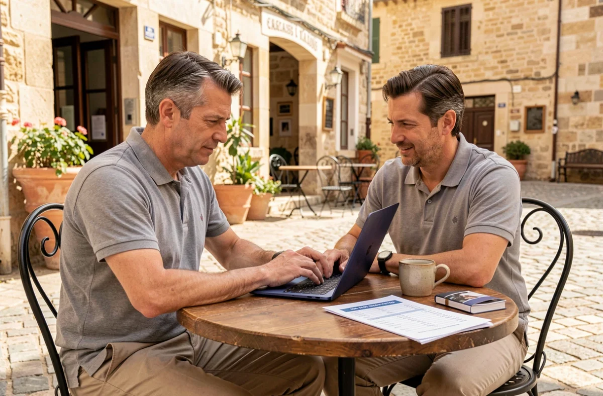 Photographe à Carcassonne présentant ses tarifs à un client dans un café de la Bastide Saint-Louis