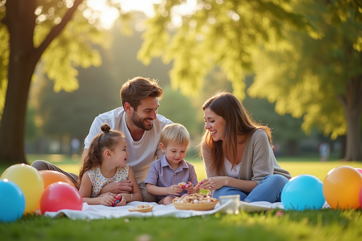 Famille faisant un pique-nique dans un parc ensoleille