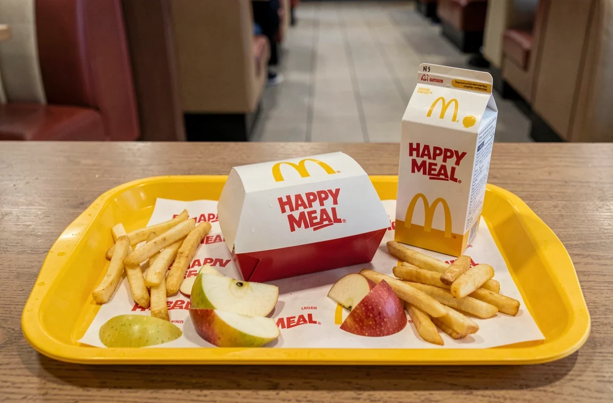 Happy Meal McDonald's posé sur un plateau avec frites et jus de fruit, détail du menu enfant et de son contenu en 2026