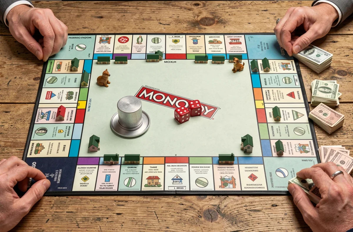 Vue aérienne d'un plateau de Monopoly en cours de partie avec pions, maisons, hôtels et billets
