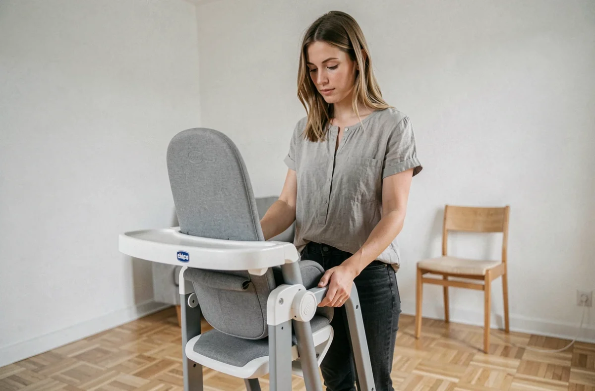 Femme pliant la chaise haute Chicco Polly Magic pour la ranger dans un petit appartement