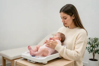 Mère tenant sa fille de 3 mois sur une balance pédiatrique chez le médecin pour suivre la courbe de poids