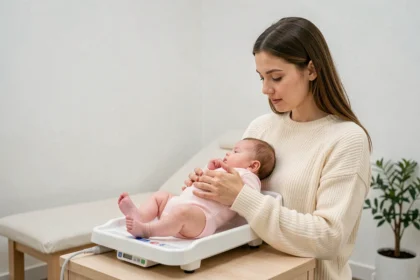Mère tenant sa fille de 3 mois sur une balance pédiatrique chez le médecin pour suivre la courbe de poids