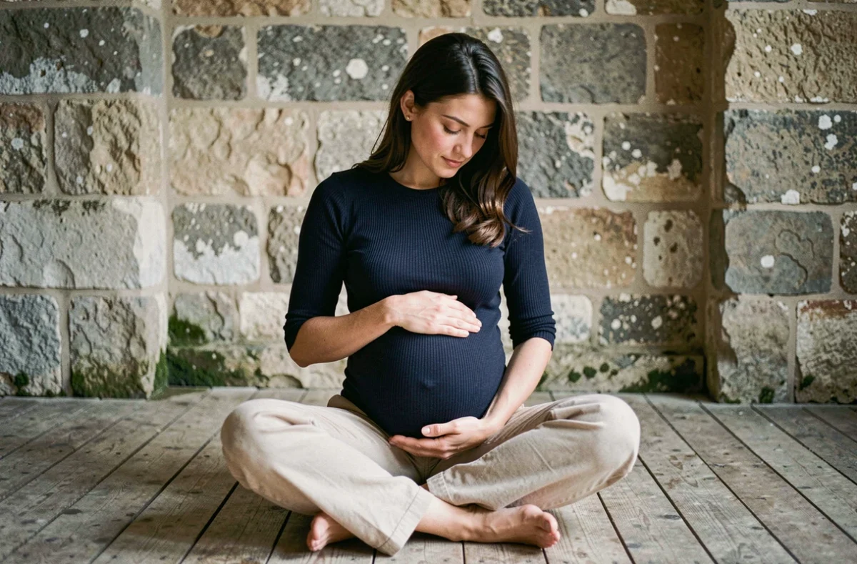 Portrait grossesse à Reims : femme enceinte assise devant un mur en pierre typique de la région