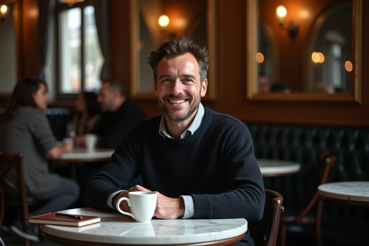 Homme souriant attablé dans une brasserie parisienne classique avec un carnet et un expresso, portrait editorial naturel