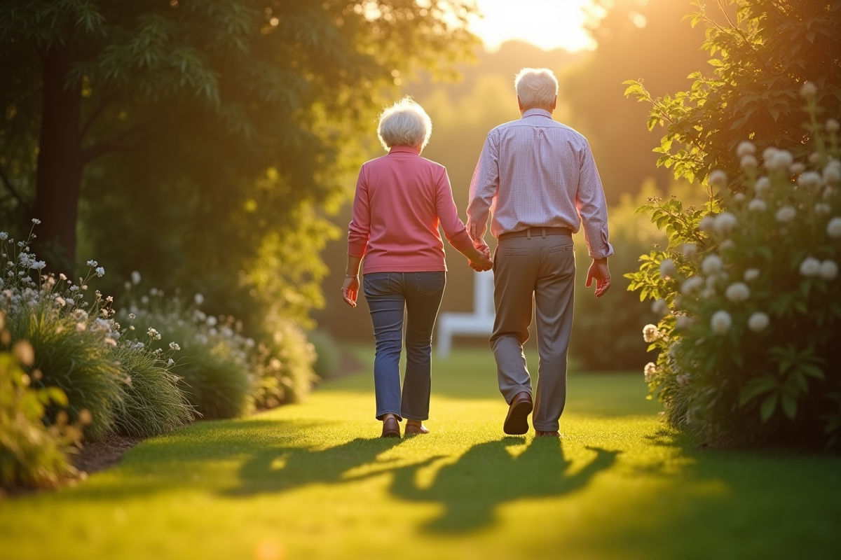 Couple âgé marchant main dans la main dans un jardin
