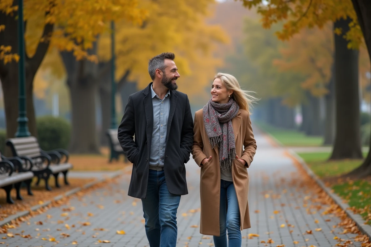 Couple marchant dans un parc en automne avec feuilles tombées