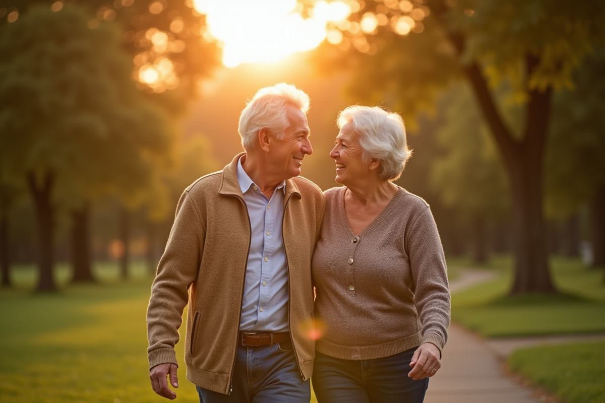 Couple de 50 ans marchant dans un parc ensoleille