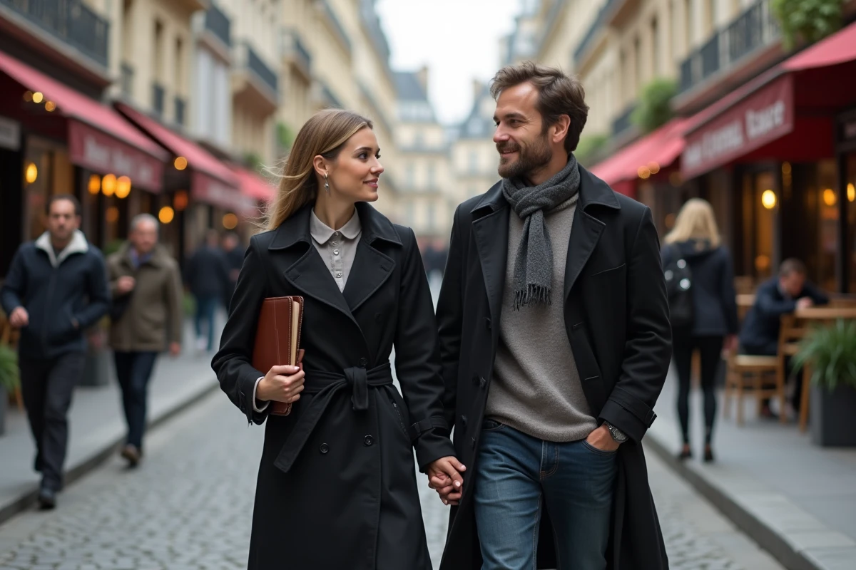 Femme confiante en trench marche dans une rue parisienne animée
