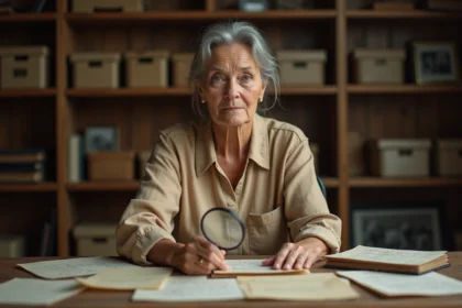 Femme d'une soixantaine d'années consultant de vieux documents généalogiques et des photographies de famille anciennes sur un bureau en bois
